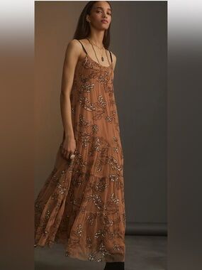 NWT retail$248 size M #Anthroplogie Sequined Tulle mesh tiered brown midi dress